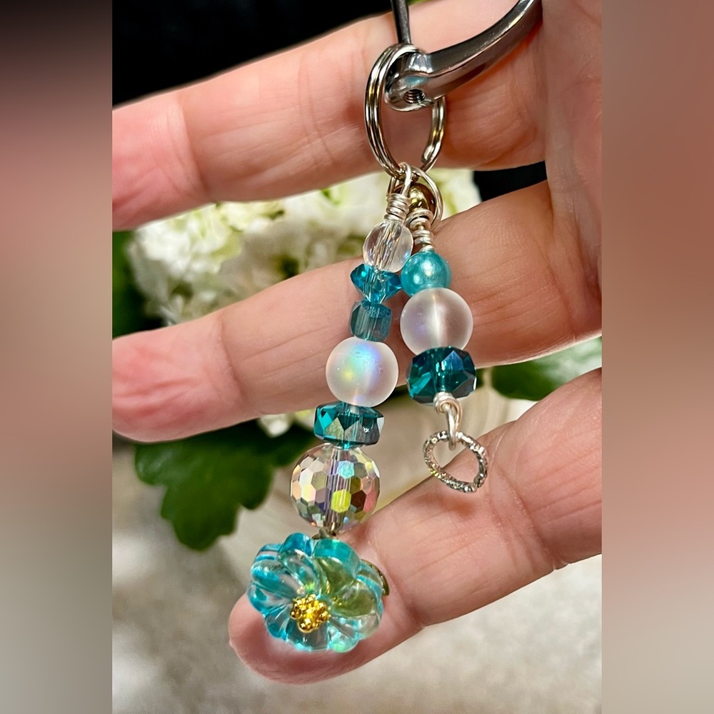 Elegant Silver and Blue Rhinestone Beaded Keychain